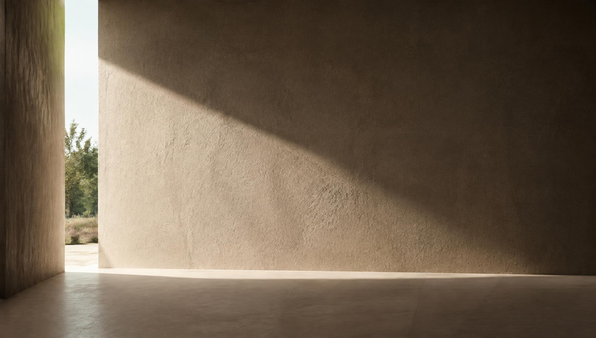 Muro de hormigón atravesado por un haz de luz natural junto a una abertura hacia el jardín