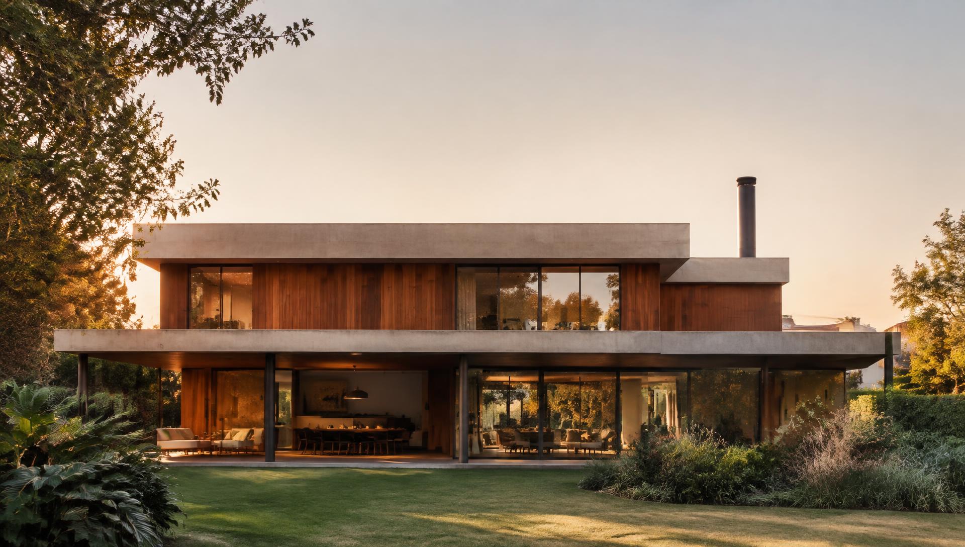 Vivienda contemporánea en Buenos Aires con volúmenes de hormigón, revestimiento de madera y grandes vidriados al atardecer