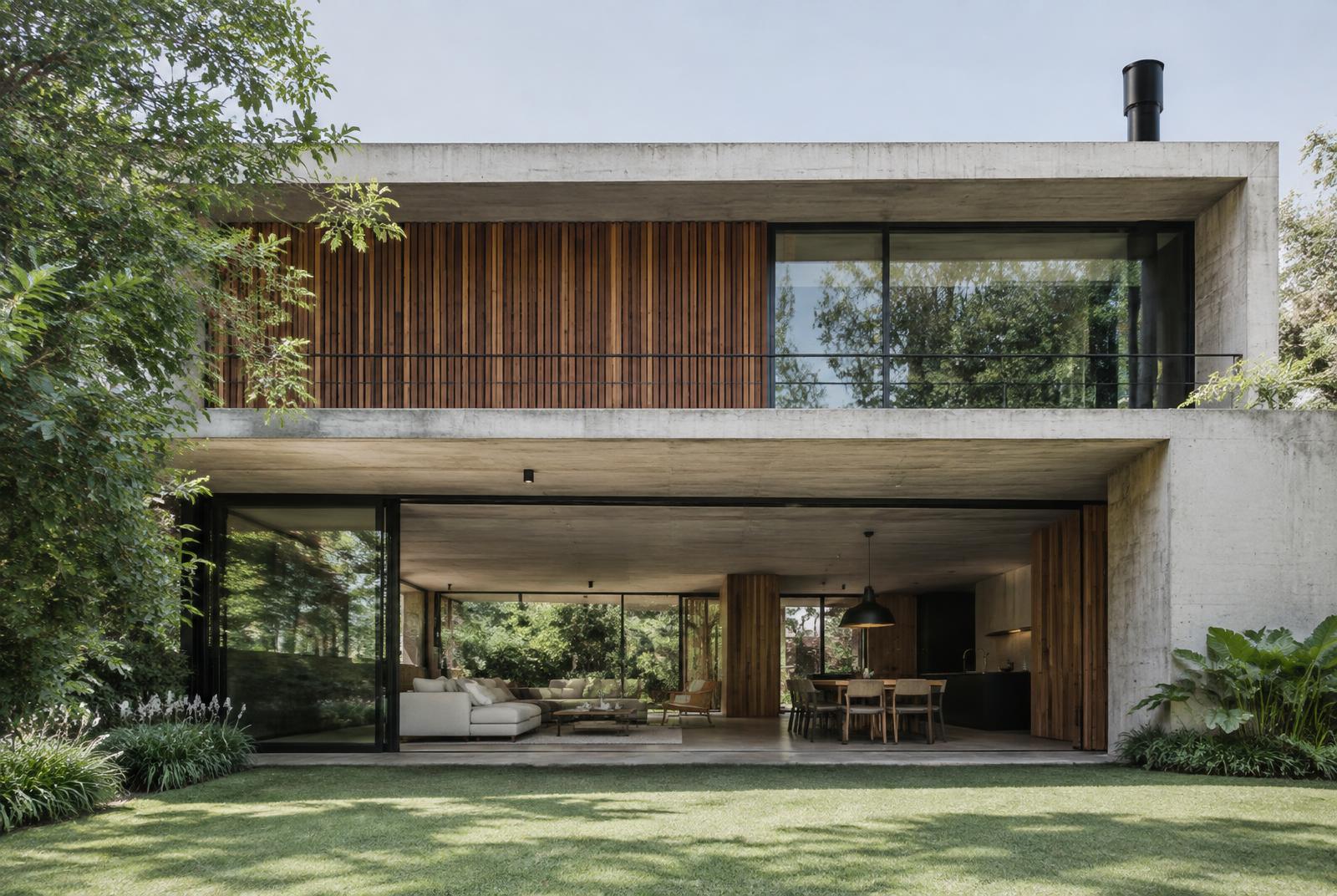 Fachada de Casa Lomas en Tigre: volúmenes de hormigón, madera y grandes vidriados abiertos al jardín