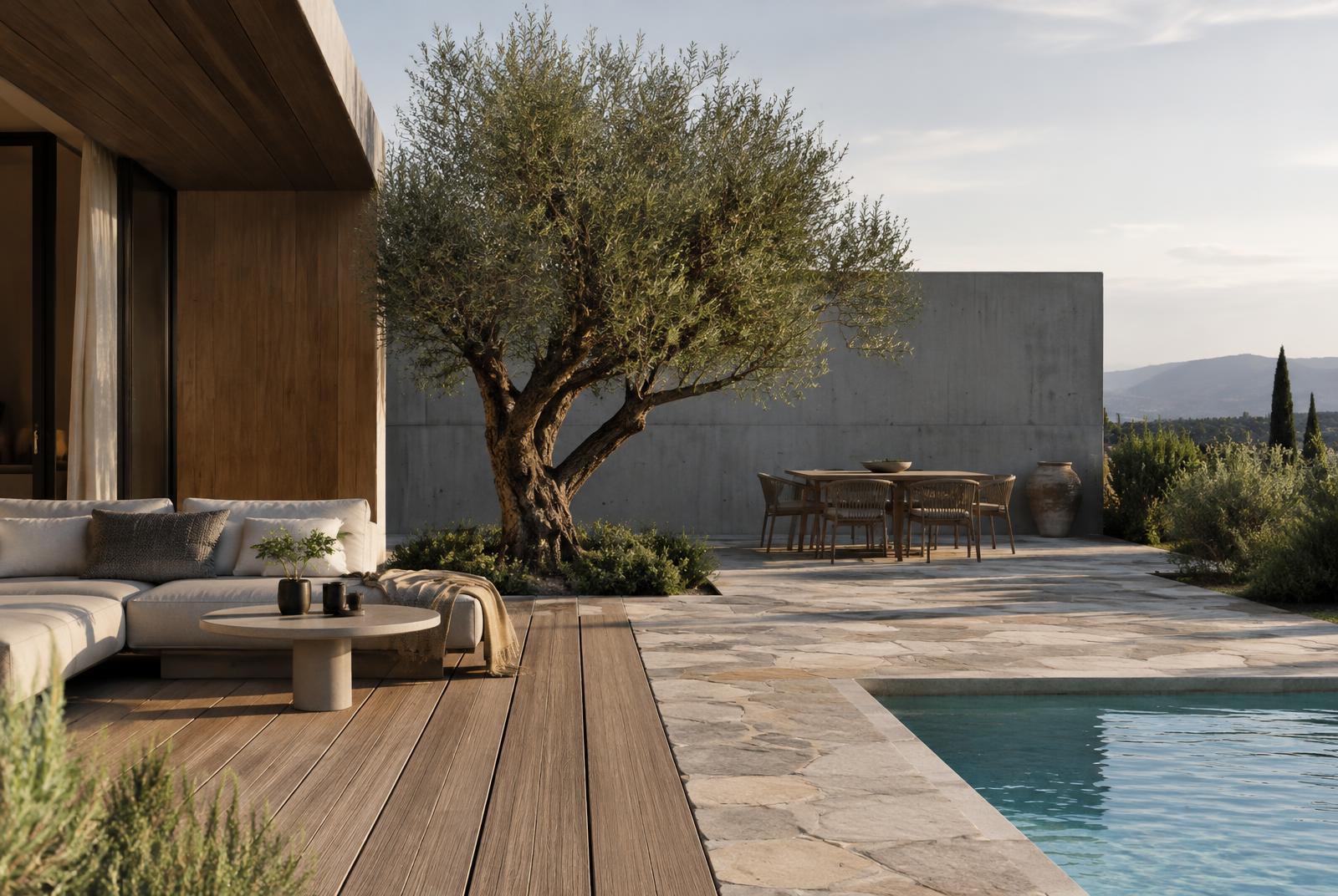 Patio con deck de madera, olivo y piscina al atardecer