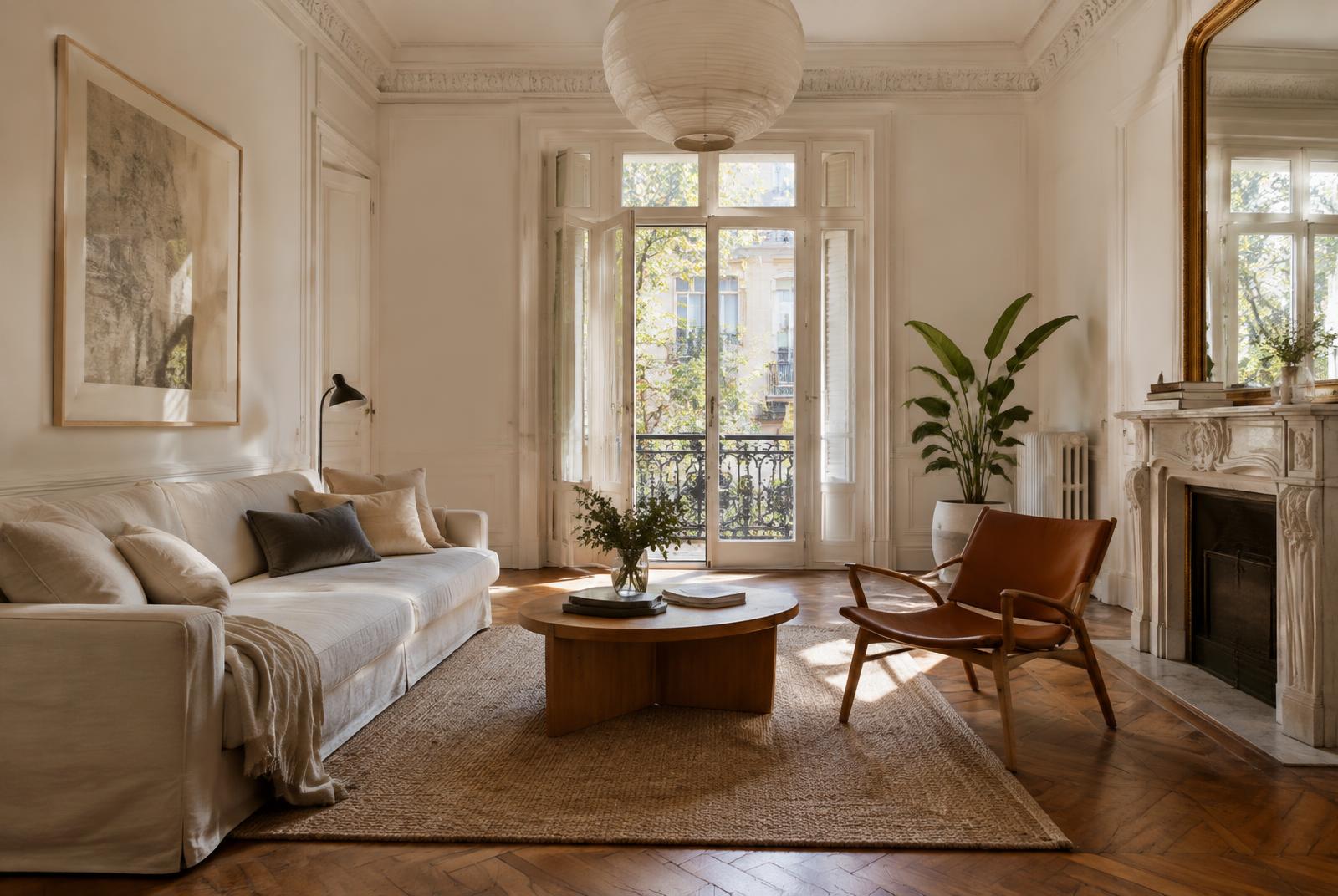 Living del Departamento Palermo con molduras originales, parquet en espina de pez y balcón francés