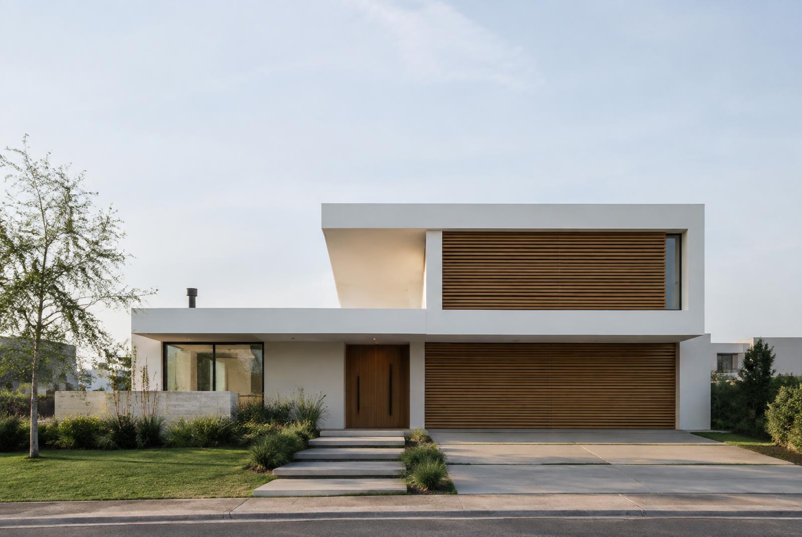 Fachada de Casa Patio en Nordelta con volúmenes blancos y listones de madera horizontales